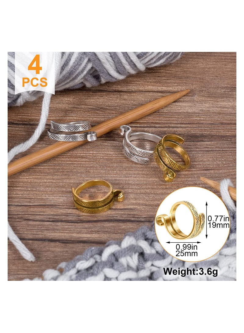 4 Pack Knitting Crochet Loop Ring for Fingers, Adjustable Tension Ring, Metal Open Yarn Guide Finger Holders, Thimbles Crochet- 2 Gold & Silver