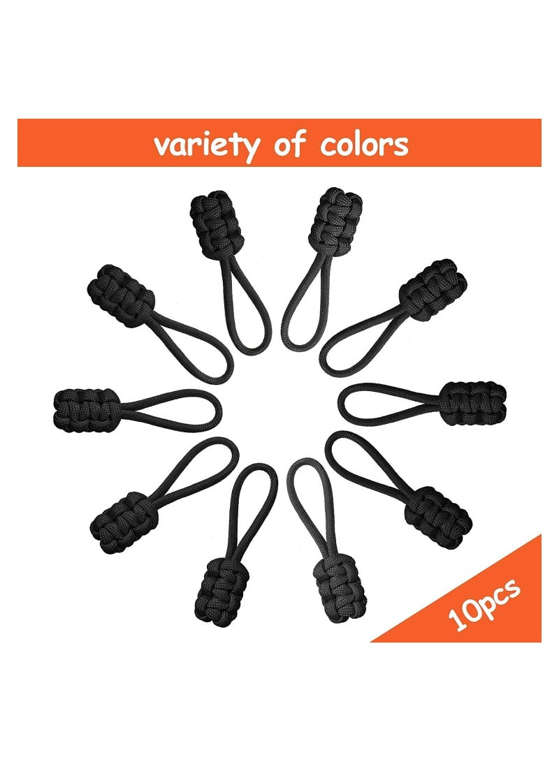 10 Pieces Replacement Zipper Pulls Tab Universal Nylon Repair Kit Slider Pull Fixer Metal Head Hand Woven Rope Handle Cord (Black)