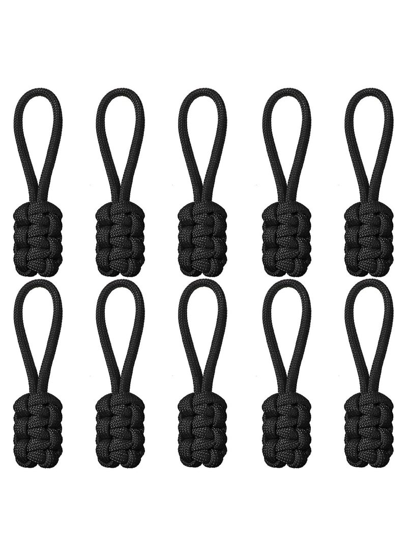 10 Pieces Replacement Zipper Pulls Tab Universal Nylon Repair Kit Slider Pull Fixer Metal Head Hand Woven Rope Handle Cord (Black)