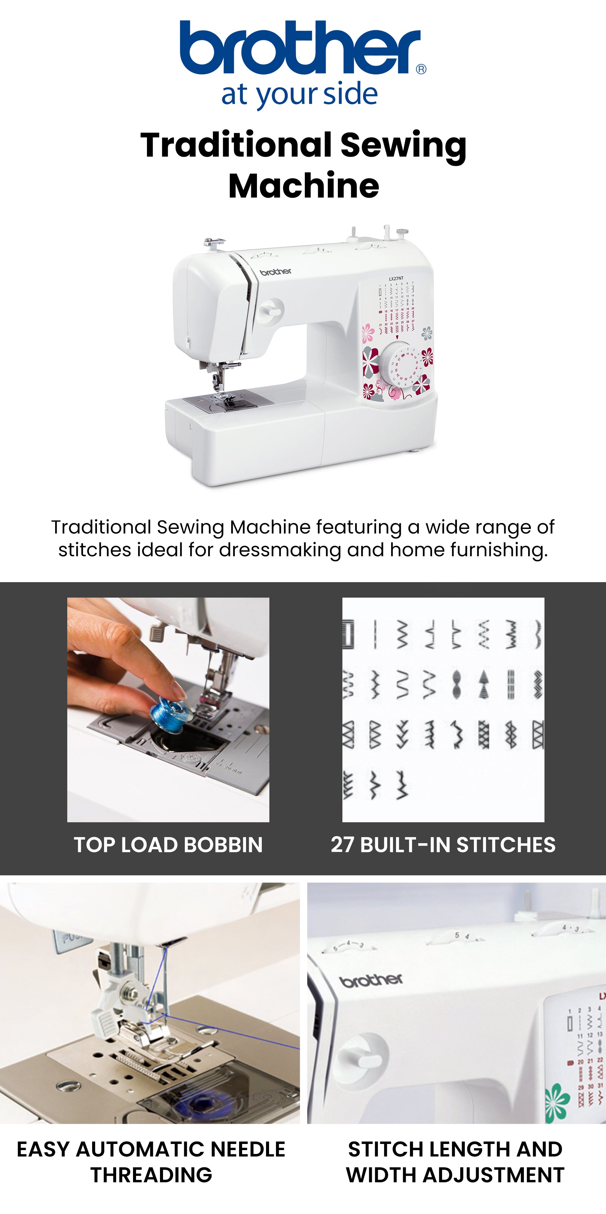 LX27NT Portable Free Arm Electric Sewing machines Traditional metal chassis sewing machines featuring 27 Built-in Stitches | Sewing Machine with Built-in Needle Threaderand Quick Set Bobbin | 1-Step Buttonhole and Instructional DVD Easy to Use for Beginners and Home Sewing |Sewing Machine with Maximum stitch width 5mm and Maximum stitch length 4mm |White/Pink/Grey color |Made in Vietnam LX27NT White/Pink/Grey
