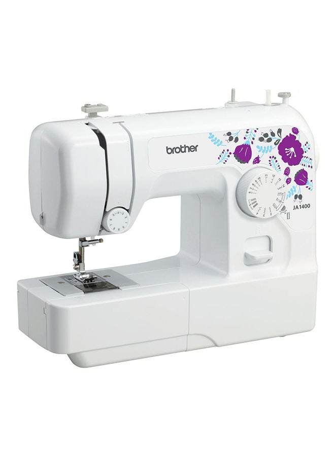 Compact Electric Sewing Machine Easy To Use Sewing And Mending Machine | Featuring 14 Range Of Stitches And Free Arm Conversion This 4-Step Buttonhole | Top Load Bobbin System And Led Sewing Light | An Instructional Dvd For Easy Setup And Operation | Made In Vietnam JA-1400 White