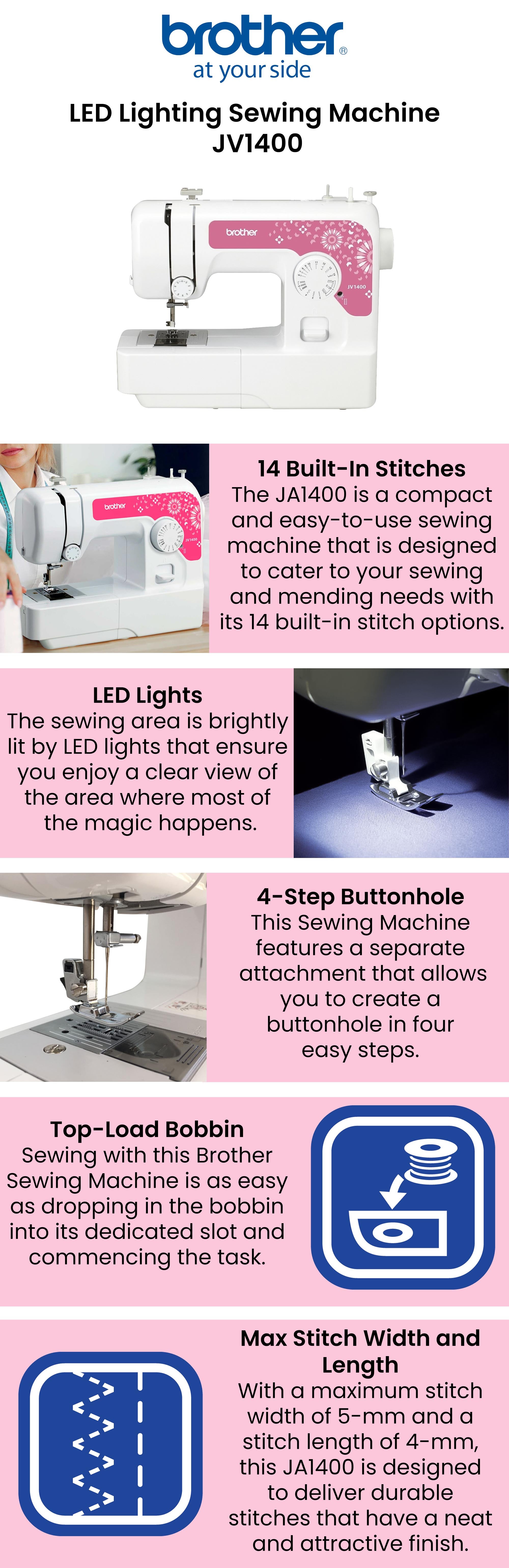 Compact Electric Sewing Machine Easy To Use Sewing And Mending Machine | Featuring 14 Range Of Stitches And Free Arm Conversion This 4-Step Buttonhole | Top Load Bobbin System And Led Sewing Light | An Instructional Dvd For Easy Setup And Operation | White/Pink Color | Made In Vietnam JV-1400 White/Pink