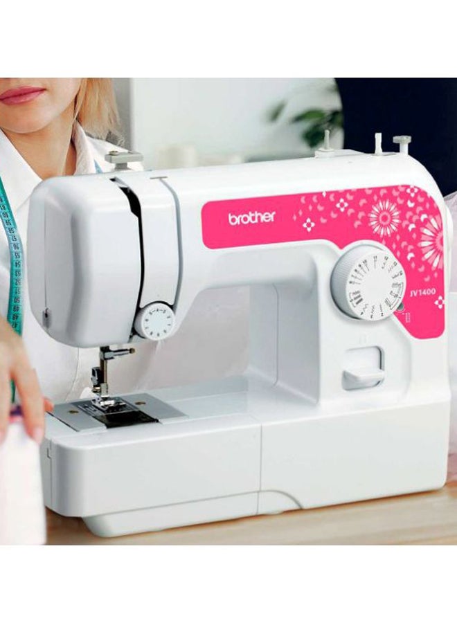 Compact Electric Sewing Machine Easy To Use Sewing And Mending Machine | Featuring 14 Range Of Stitches And Free Arm Conversion This 4-Step Buttonhole | Top Load Bobbin System And Led Sewing Light | An Instructional Dvd For Easy Setup And Operation | White/Pink Color | Made In Vietnam JV-1400 White/Pink