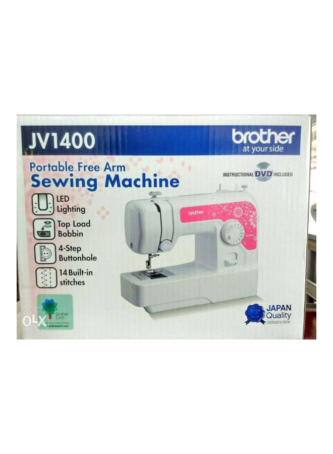Compact Electric Sewing Machine Easy To Use Sewing And Mending Machine | Featuring 14 Range Of Stitches And Free Arm Conversion This 4-Step Buttonhole | Top Load Bobbin System And Led Sewing Light | An Instructional Dvd For Easy Setup And Operation | White/Pink Color | Made In Vietnam JV-1400 White/Pink
