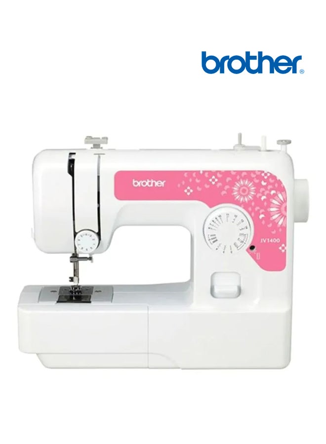 Compact Electric Sewing Machine Easy To Use Sewing And Mending Machine | Featuring 14 Range Of Stitches And Free Arm Conversion This 4-Step Buttonhole | Top Load Bobbin System And Led Sewing Light | An Instructional Dvd For Easy Setup And Operation | White/Pink Color | Made In Vietnam JV-1400 White/Pink
