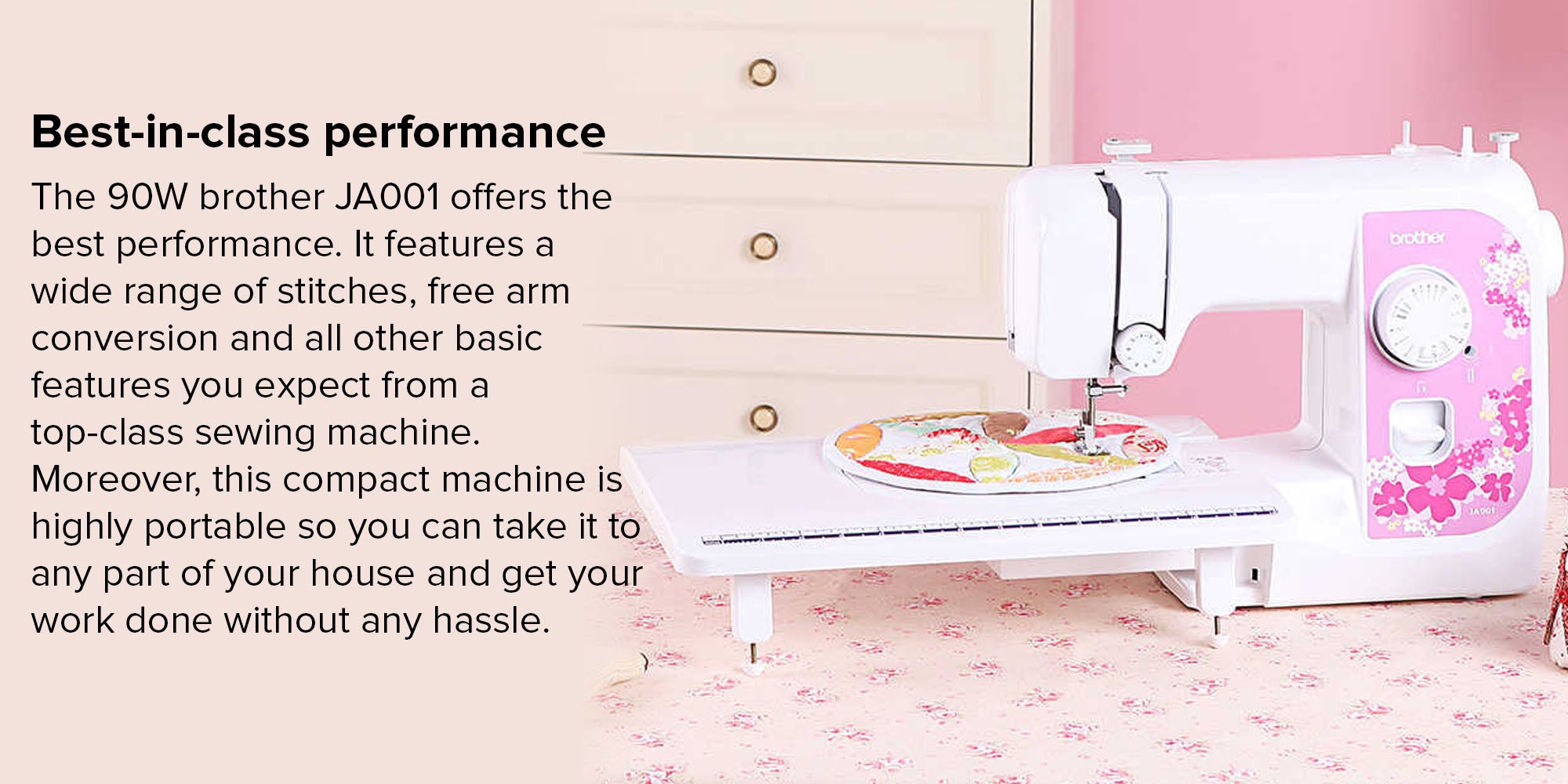 Compact Electric Sewing Machine Easy To Use Sewing And Mending Machine | Featuring 14 Range Of Stitches And Free Arm Conversion This 4-Step Buttonhole | Top Load Bobbin System And Led Sewing Light | An Instructional DVD For Easy Setup And Operation | Made In Vietnam JA001 White/Pink