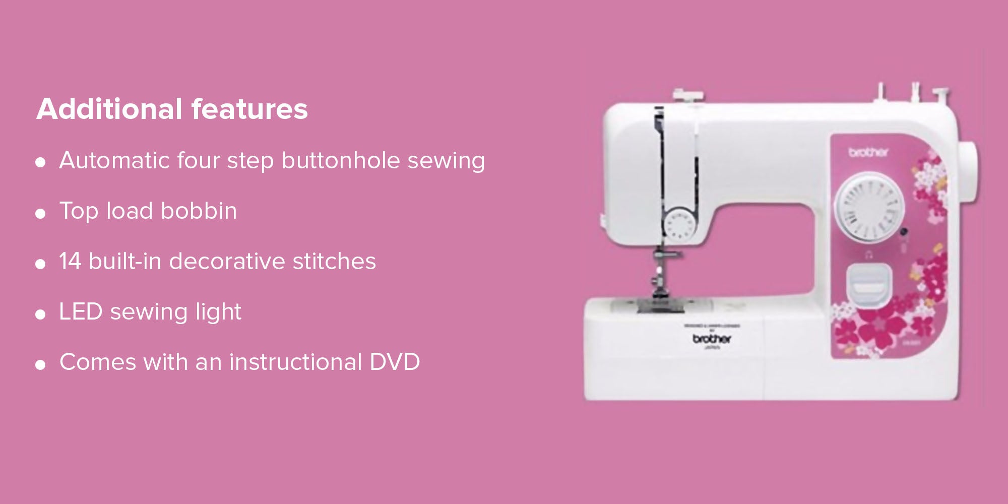 Compact Electric Sewing Machine Easy To Use Sewing And Mending Machine | Featuring 14 Range Of Stitches And Free Arm Conversion This 4-Step Buttonhole | Top Load Bobbin System And Led Sewing Light | An Instructional DVD For Easy Setup And Operation | Made In Vietnam JA001 White/Pink