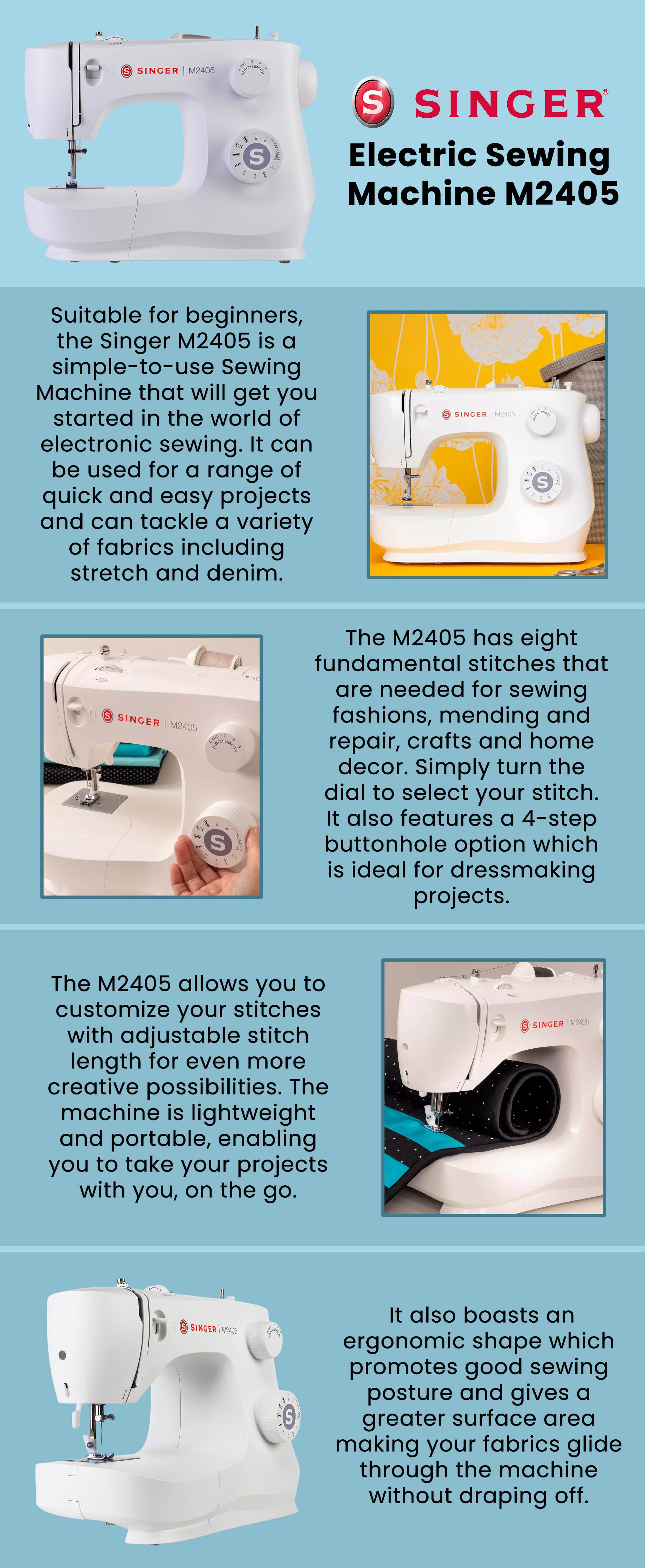 Portable Sewing Machine, 8 Built-In Stitches, 4 Step Buttonhole, Foot Controller, Stitch Selection Dial, LED Light, Adjustable Stitch Length, Free Arm, Accessories Kit SGM-M2405 White/Silver