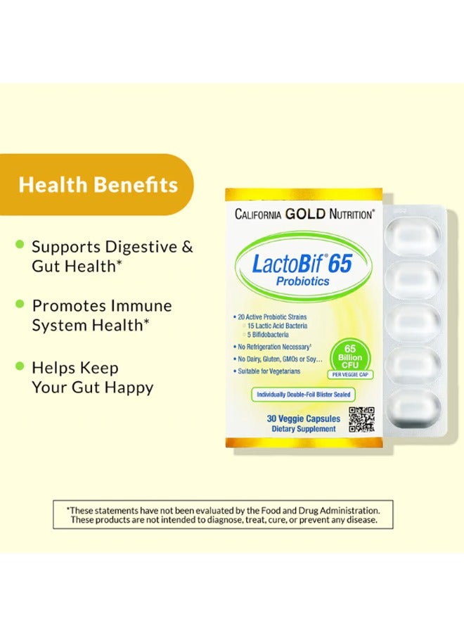 LactoBif 65 Probiotics – 65 Billion CFU, 20 Active Strains, Dairy-Free & Gluten-Free, 30 Veggie Capsules