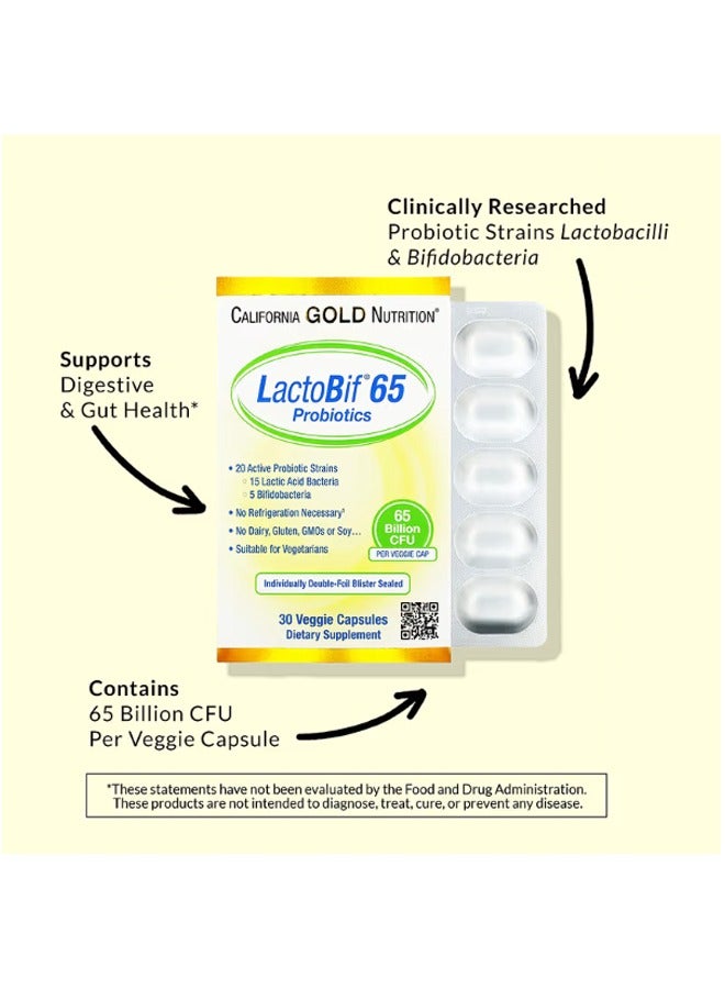 LactoBif 65 Probiotics – 65 Billion CFU, 20 Active Strains, Dairy-Free & Gluten-Free, 30 Veggie Capsules