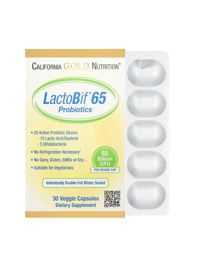 LactoBif 65 Probiotics – 65 Billion CFU, 20 Active Strains, Dairy-Free & Gluten-Free, 30 Veggie Capsules