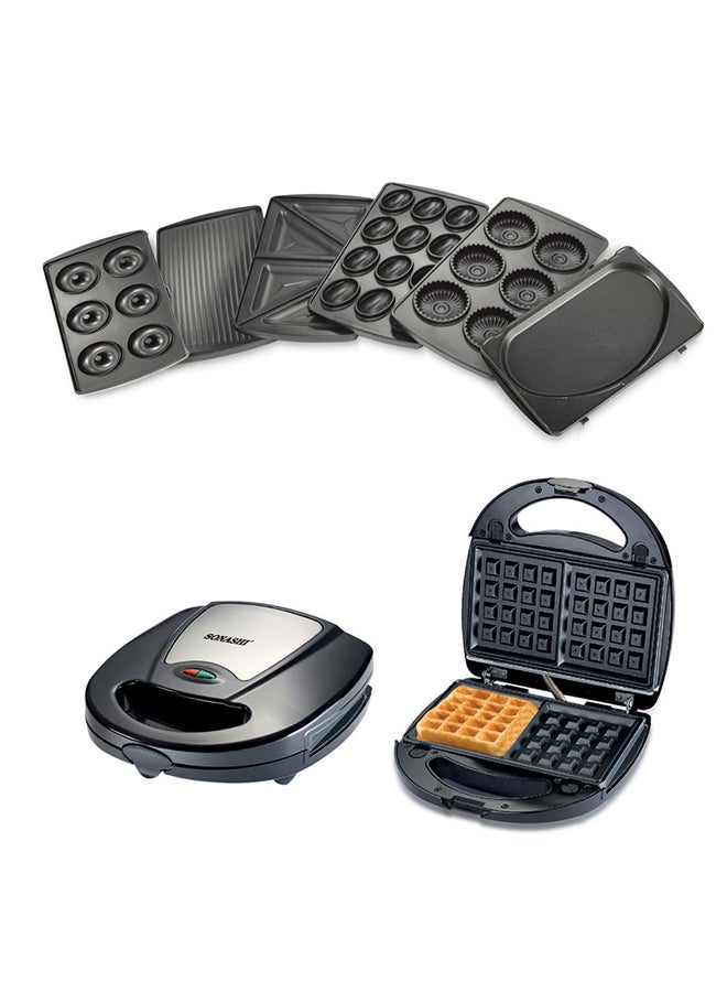 7-In-1 Non-Stick Multi Snacks Maker with Sandwich/Panini-Grill-Waffle-Donut-Nutty-Biscuit-Omelette Detachable Plates 760 W SSM-862 Black/Silver