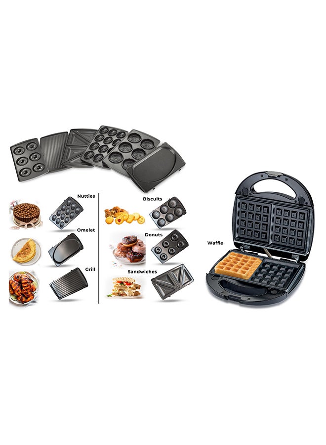 7-In-1 Non-Stick Multi Snacks Maker with Sandwich/Panini-Grill-Waffle-Donut-Nutty-Biscuit-Omelette Detachable Plates 760 W SSM-862 Black/Silver