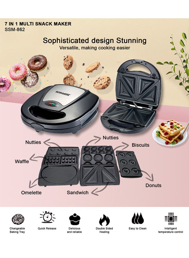 7-In-1 Non-Stick Multi Snacks Maker with Sandwich/Panini-Grill-Waffle-Donut-Nutty-Biscuit-Omelette Detachable Plates 760 W SSM-862 Black/Silver