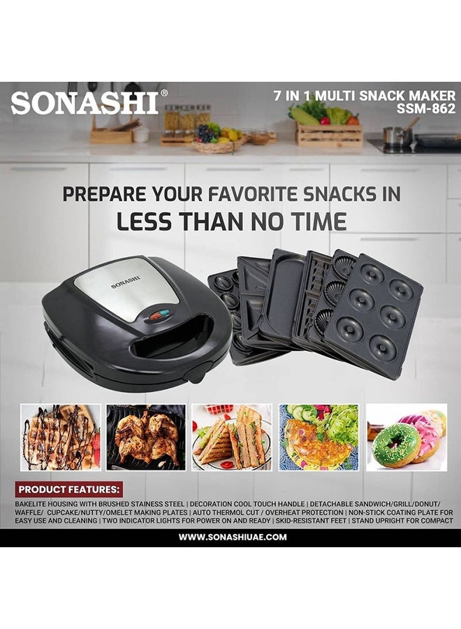 7-In-1 Non-Stick Multi Snacks Maker with Sandwich/Panini-Grill-Waffle-Donut-Nutty-Biscuit-Omelette Detachable Plates 760 W SSM-862 Black/Silver