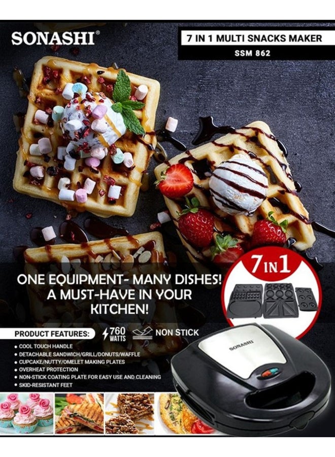 7-In-1 Non-Stick Multi Snacks Maker with Sandwich/Panini-Grill-Waffle-Donut-Nutty-Biscuit-Omelette Detachable Plates 760 W SSM-862 Black/Silver