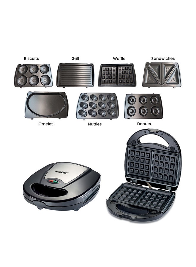 7-In-1 Non-Stick Multi Snacks Maker with Sandwich/Panini-Grill-Waffle-Donut-Nutty-Biscuit-Omelette Detachable Plates 760 W SSM-862 Black/Silver