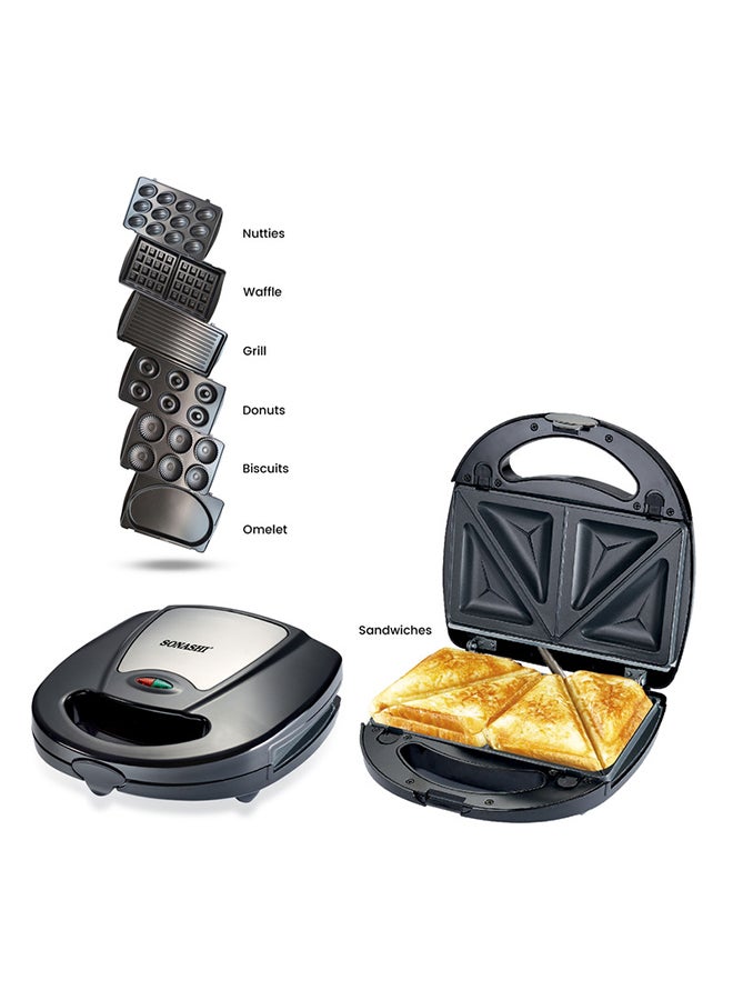 7-In-1 Non-Stick Multi Snacks Maker with Sandwich/Panini-Grill-Waffle-Donut-Nutty-Biscuit-Omelette Detachable Plates 760 W SSM-862 Black/Silver