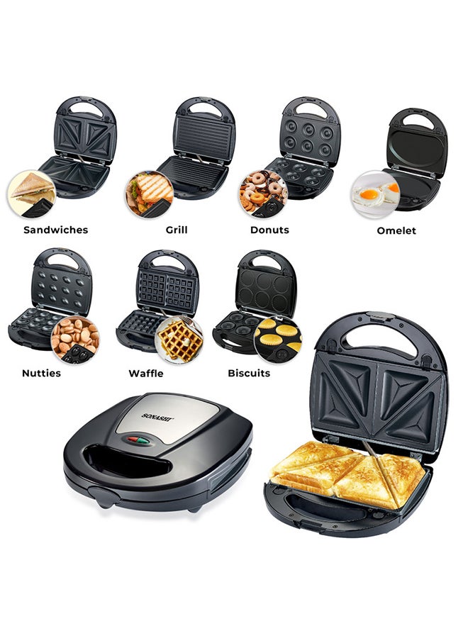 7-In-1 Non-Stick Multi Snacks Maker with Sandwich/Panini-Grill-Waffle-Donut-Nutty-Biscuit-Omelette Detachable Plates 760 W SSM-862 Black/Silver