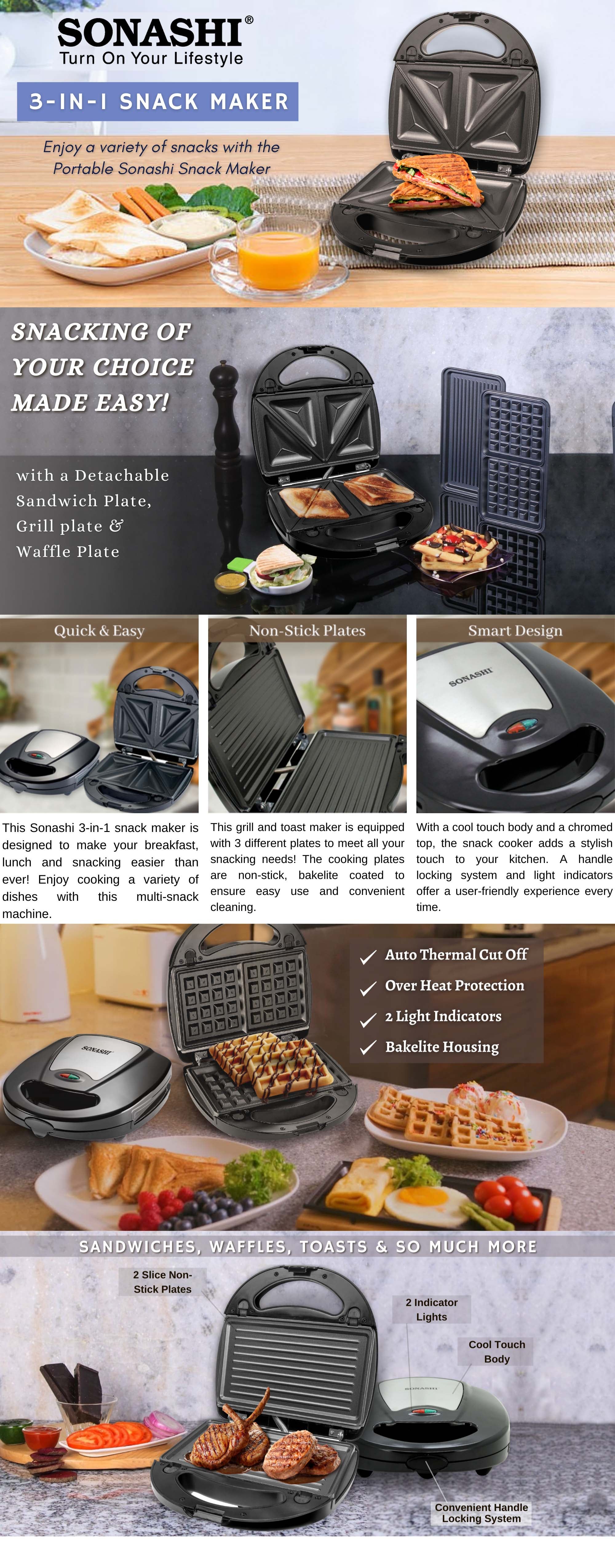 Multi-Snack Maker 3-in-1 - Non-Stick Detachable Cooking Plate | Cooks Delicious Crispy Sandwiches/Waffles/Grills | Cool Touch Handle | Automatic Temperature Control 760 W SSM-861 Black/Silver