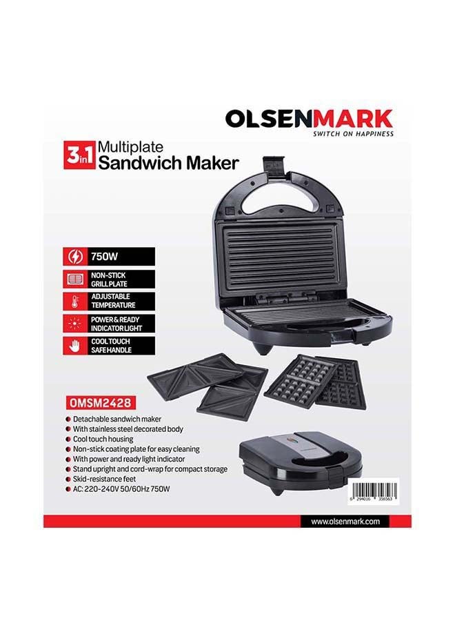 3 In 1 Multiplate Sandwich Maker 750 W OMSM2428 Black/Silver