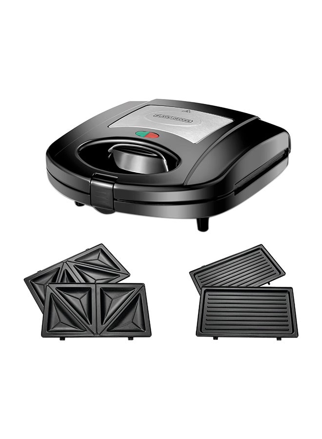 Sandwich & Grill Maker Non-Stick 2-in-1 Interchangeable Sandwich and Grill Maker With Indicator and Ready to Cook Lights 780 W TS2120-B5 Black and Sliver