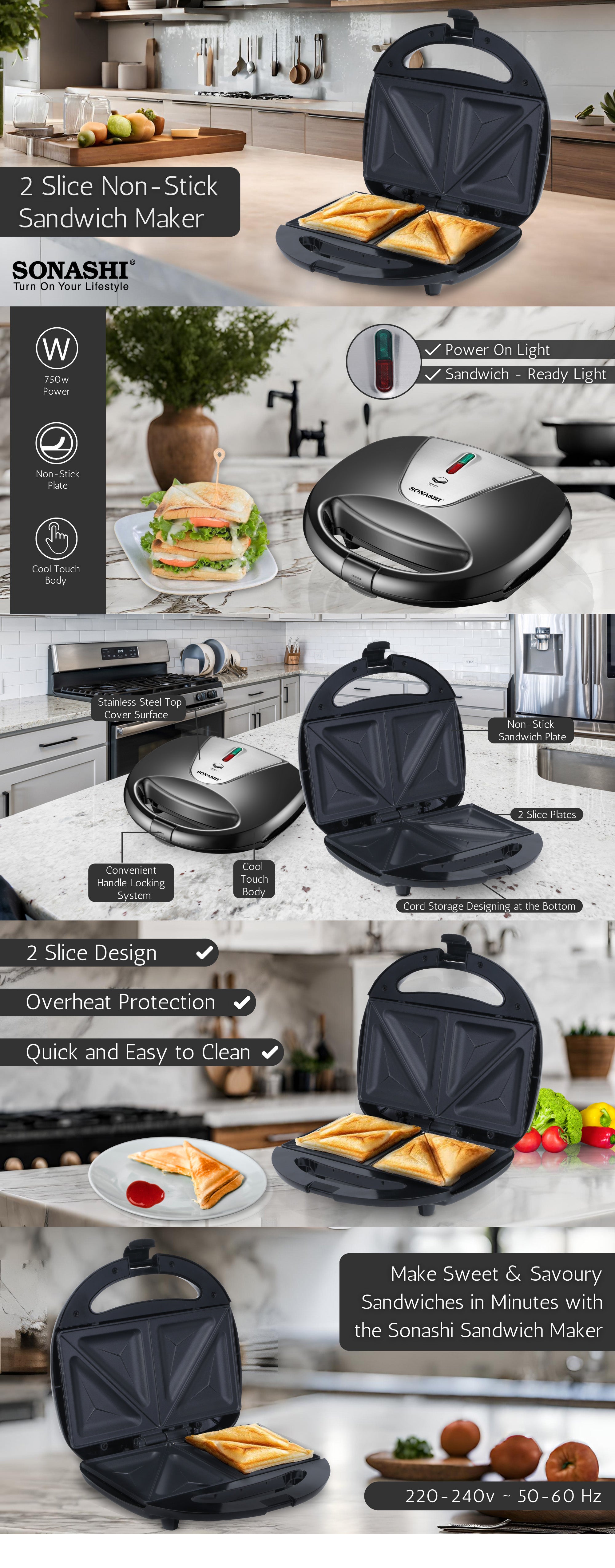 2 Slice Sandwich Maker with Non-Stick Plates | Overheat Protection, Power On/Off and Ready Indicator | Perfect for Breakfast 750 W SSM-884 Black/Silver