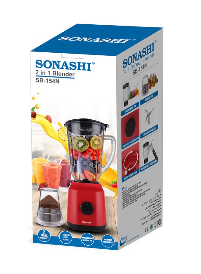 2 in 1 Powerful Blender - 1.8L Unbreakable Blender Jar and Grinding Cup | Featured with 2 Speed Switch with Pulse Control, Overheat Protection, and Safety Lock System 650 W SB-154 Red