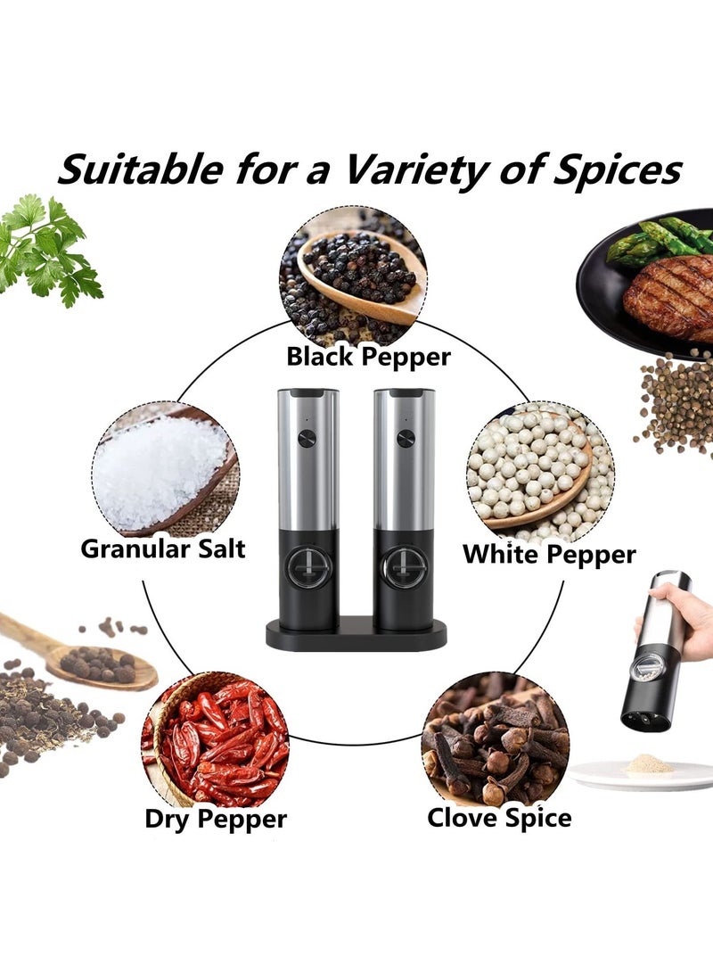 2 Piece Electric Salt and Pepper Grinder Set, Rechargeable Pepper Grinder with USB Rechargeable Base, Ajustable Grind Coarseness with LED Light