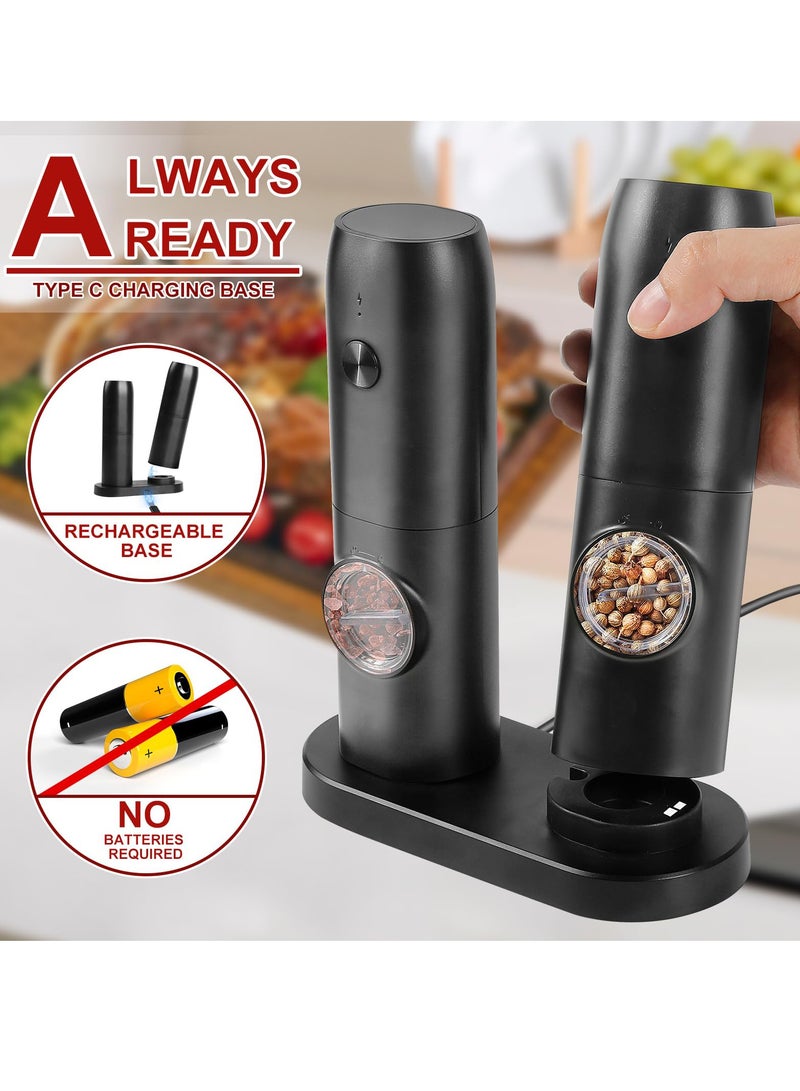 Salt and Pepper Mill Electric Set of 2 with Rechargeable Base, Adjustable Coarseness Spice Mill, Automatic Grinding, LED Light with Cleaning Brush for BBQ Restaurant Kitchen