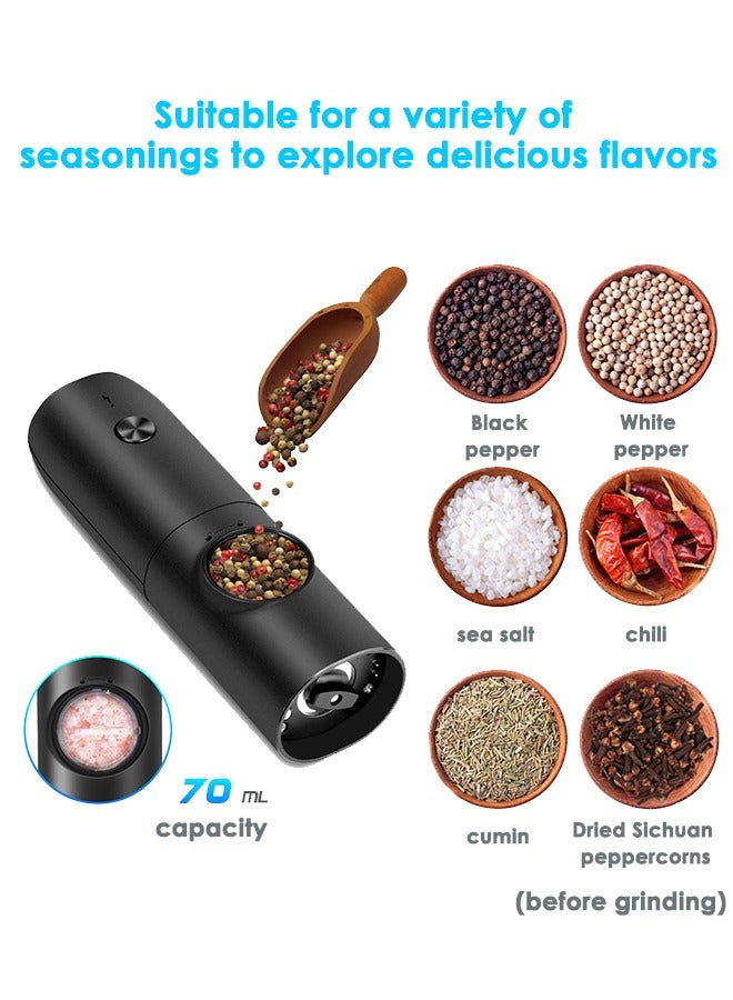 Salt and Pepper Mill Electric Set of 2 with Rechargeable Base, Adjustable Coarseness Spice Mill, Automatic Grinding, LED Light with Cleaning Brush for BBQ Restaurant Kitchen