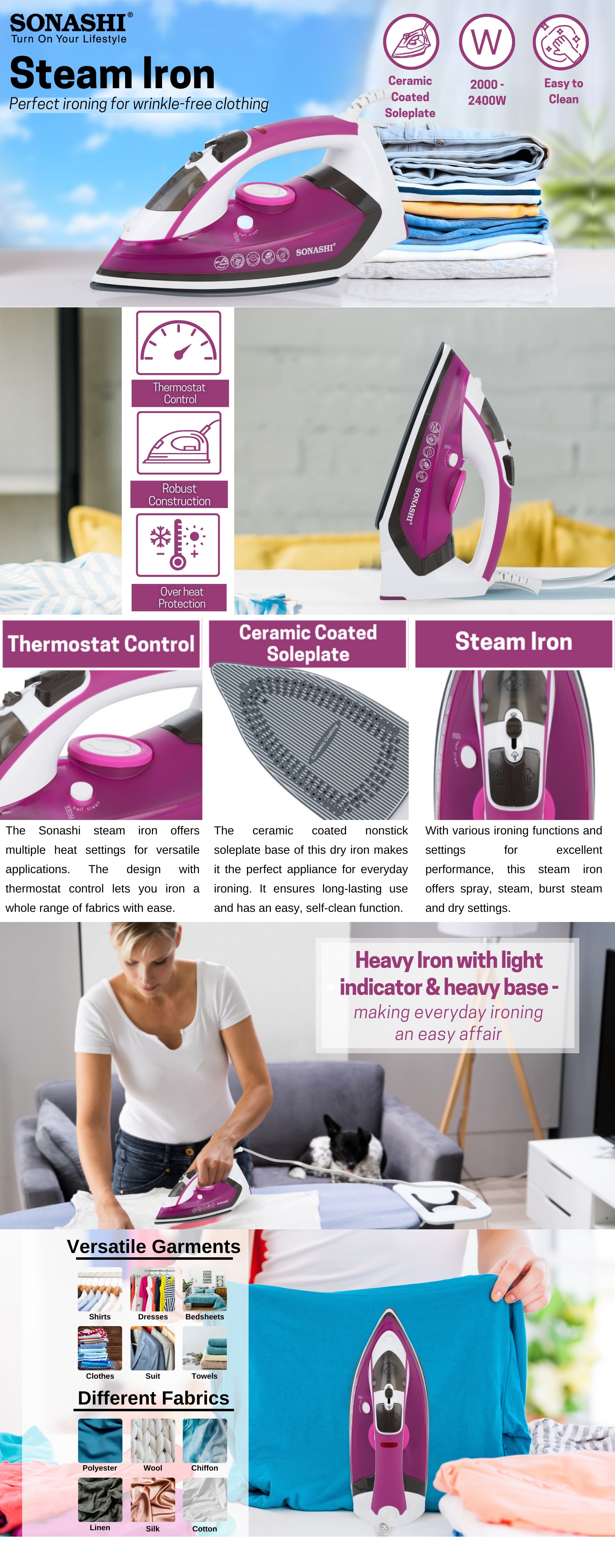 Multifunctional Steam Iron For Crisp Clothes - Ceramic Coated Soleplate | Steam/Burst Steam/Spray/Dry Function With Overheat Protection & Self-Cleaning Feature SI-5068C Purple/White/Black