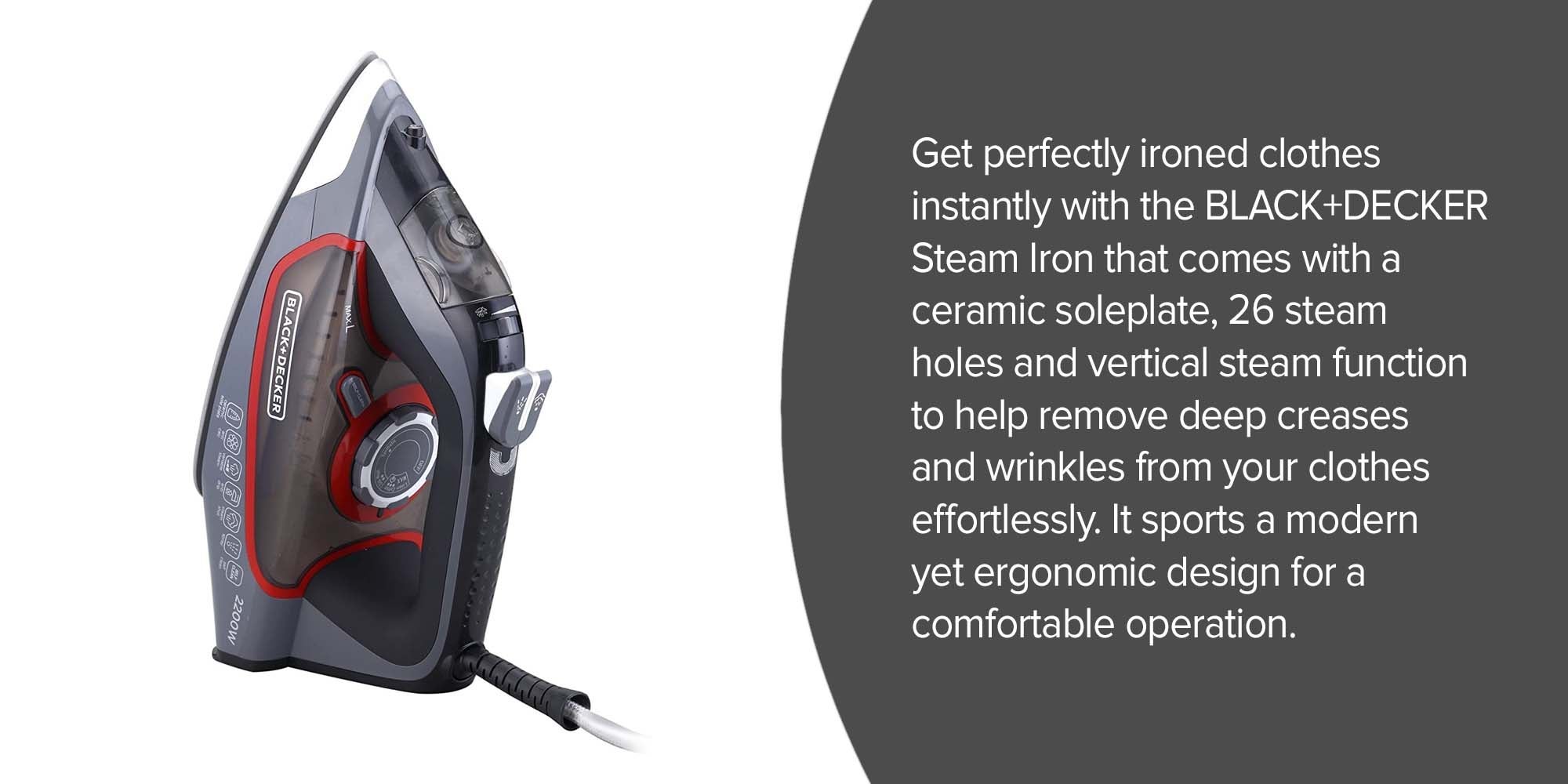 Steam Iron, 2200W, 90g/min Steam Output, 380ml Water Tank, Ceramic Coated Soleplate, Anti-Calc, Anti-Drip, Self-Clean, Auto Shut-Off, Removes Stubborn Creases 380 ml 2200 W X2050-B5 Grey/Black