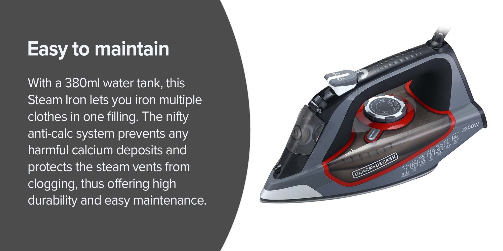 Steam Iron, 2200W, 90g/min Steam Output, 380ml Water Tank, Ceramic Coated Soleplate, Anti-Calc, Anti-Drip, Self-Clean, Auto Shut-Off, Removes Stubborn Creases 380 ml 2200 W X2050-B5 Grey/Black