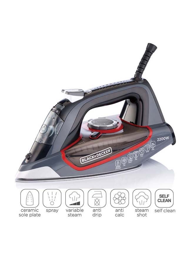 Steam Iron, 2200W, 90g/min Steam Output, 380ml Water Tank, Ceramic Coated Soleplate, Anti-Calc, Anti-Drip, Self-Clean, Auto Shut-Off, Removes Stubborn Creases 380 ml 2200 W X2050-B5 Grey/Black