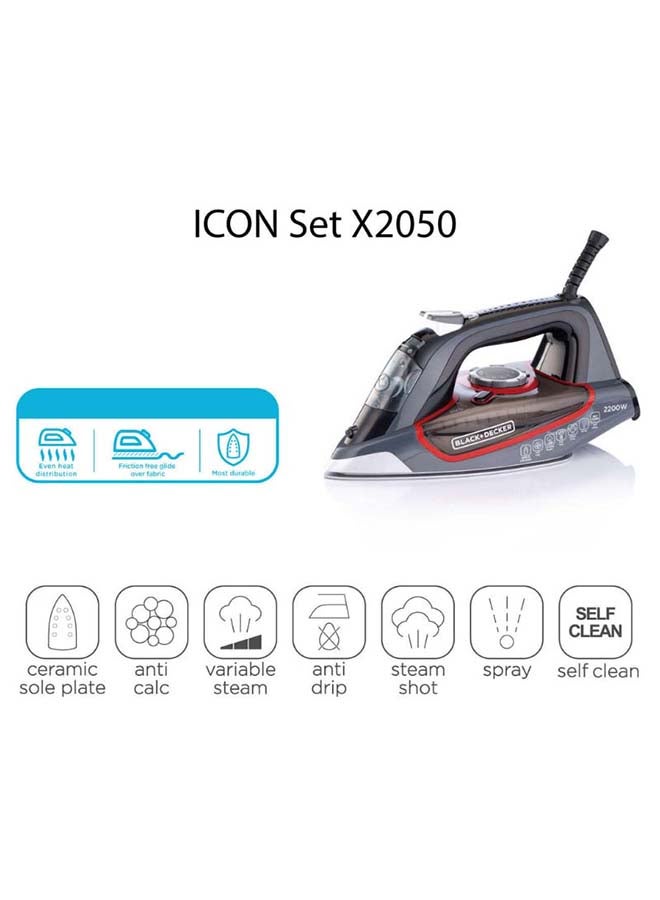 Steam Iron, 2200W, 90g/min Steam Output, 380ml Water Tank, Ceramic Coated Soleplate, Anti-Calc, Anti-Drip, Self-Clean, Auto Shut-Off, Removes Stubborn Creases 380 ml 2200 W X2050-B5 Grey/Black