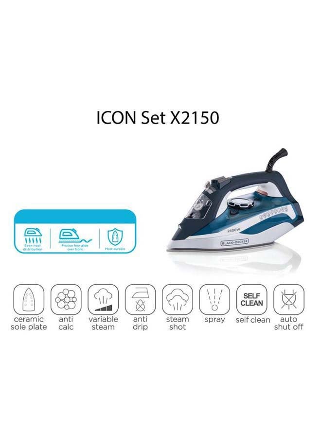 Steam Iron, 380ml Water Tank, Ceramic-Coated Soleplate, Anti-Drip, Anti-Calc, Auto Shutoff, Vertical Steam, Self-Clean, Steam Burst, 35g/min Continuous Steam, 380 ml 2400 W X2150-B5 Blue/White