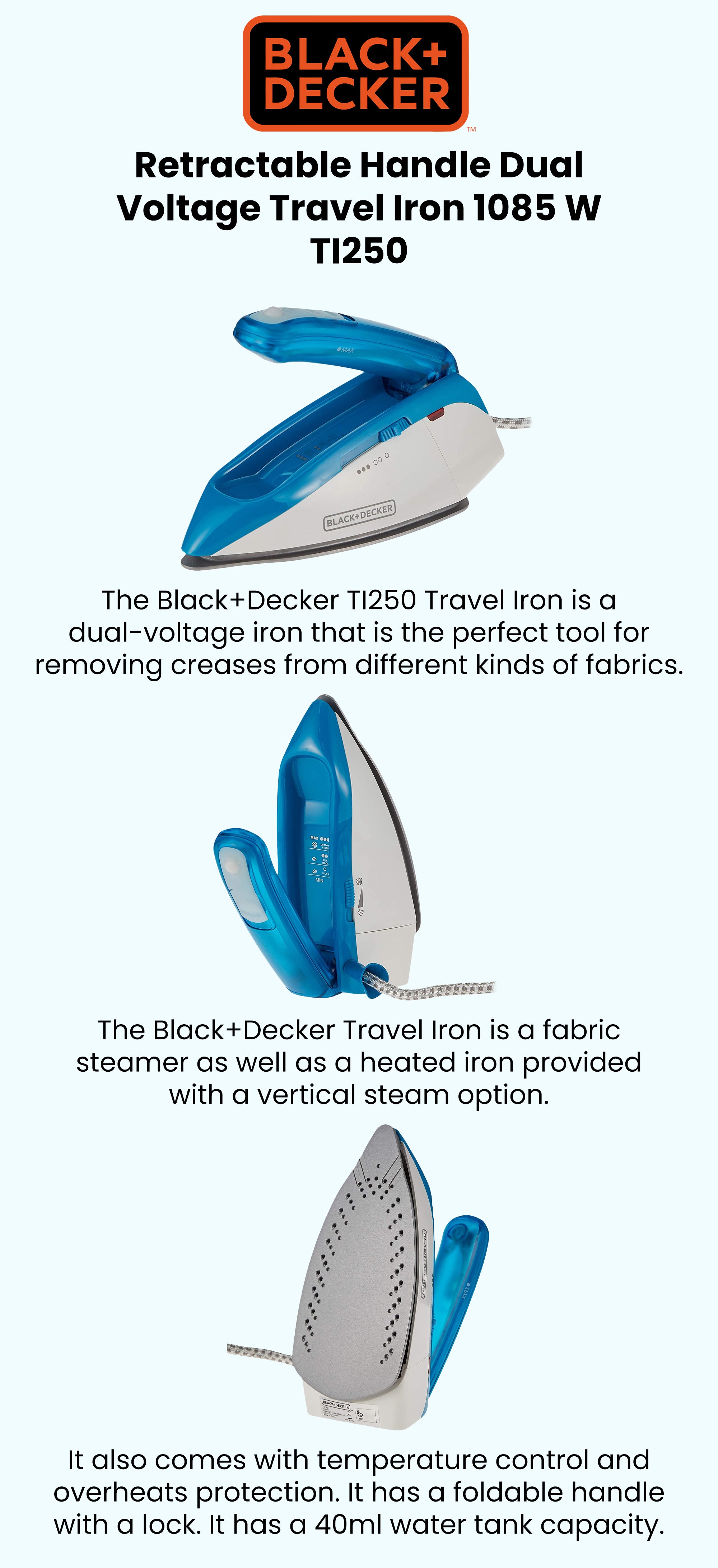 Retractable Handle Steam Iron 40.0 ml 1085.0 W TI250 Blue/White