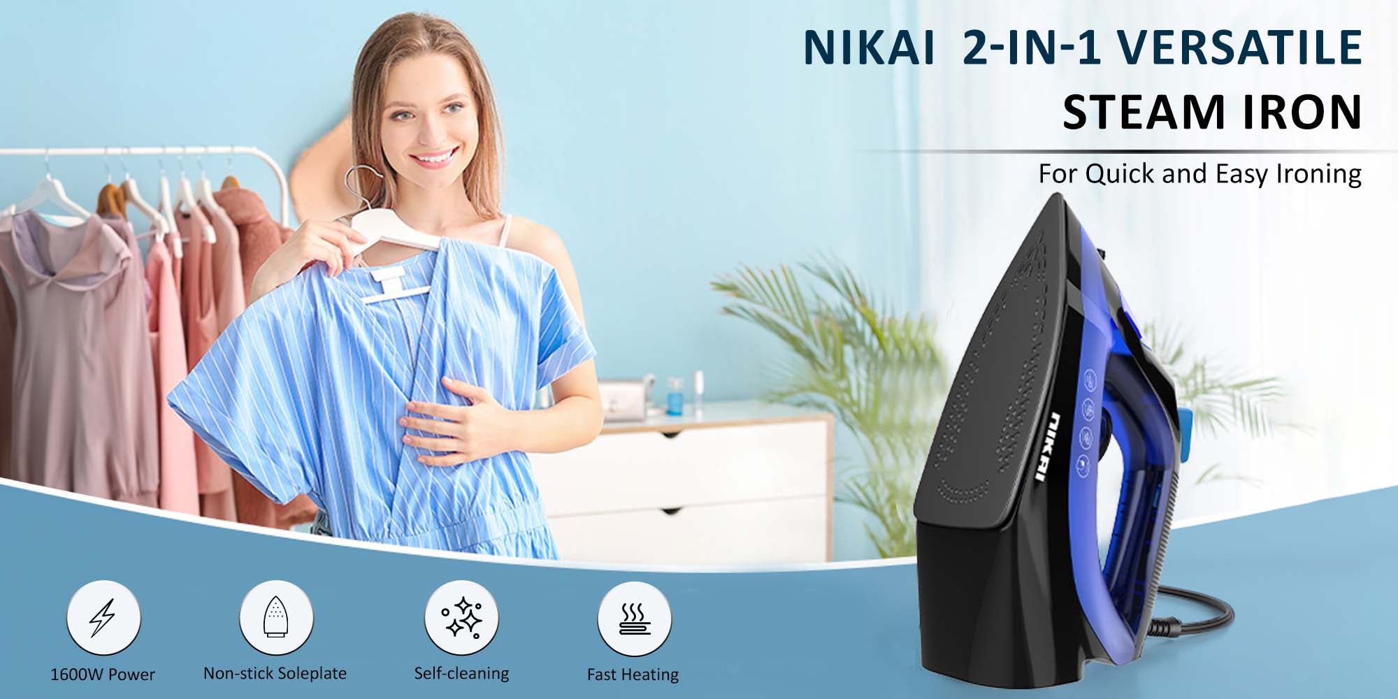 Steam Iron With Self-Cleaning Function, Non-Stick Soleplate, Vertical Steam Dry And Spray Options, Adjustable Temp, Indicator Light, Variable Steam Control NSI858AX Blue/Black