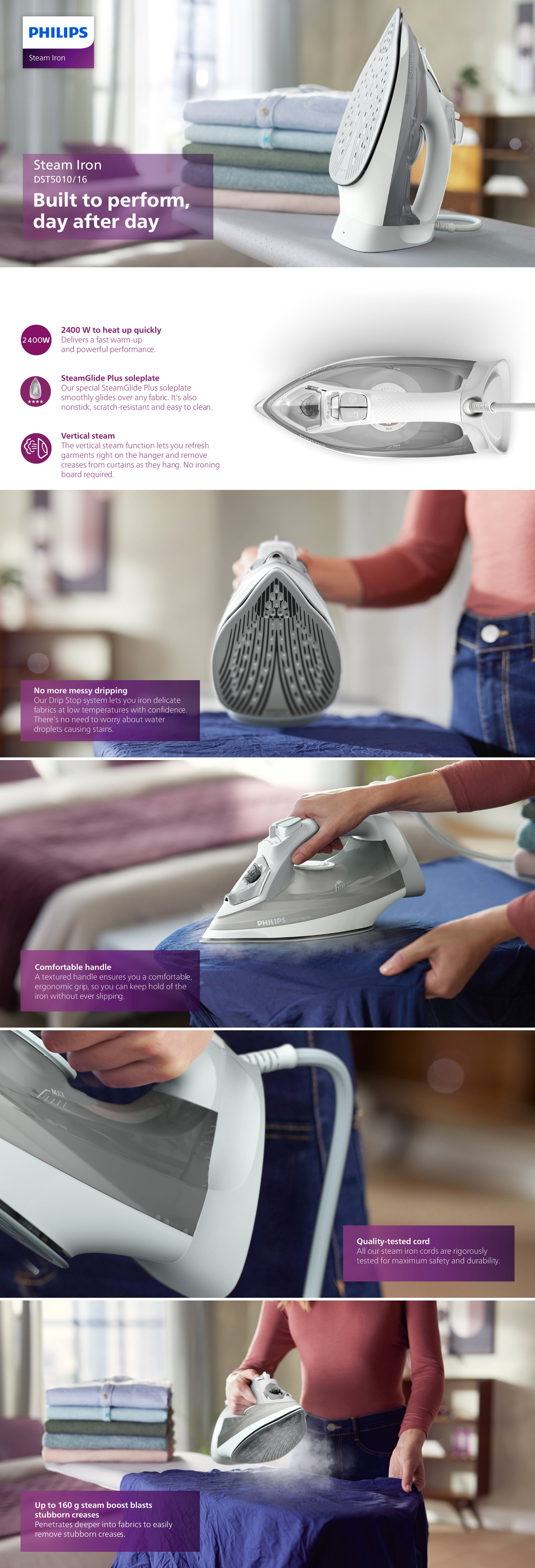 Steam Iron Series 5000 - 40g/min Continuous Steam, 320 ml 2400 W DST5010/16 Grey/White