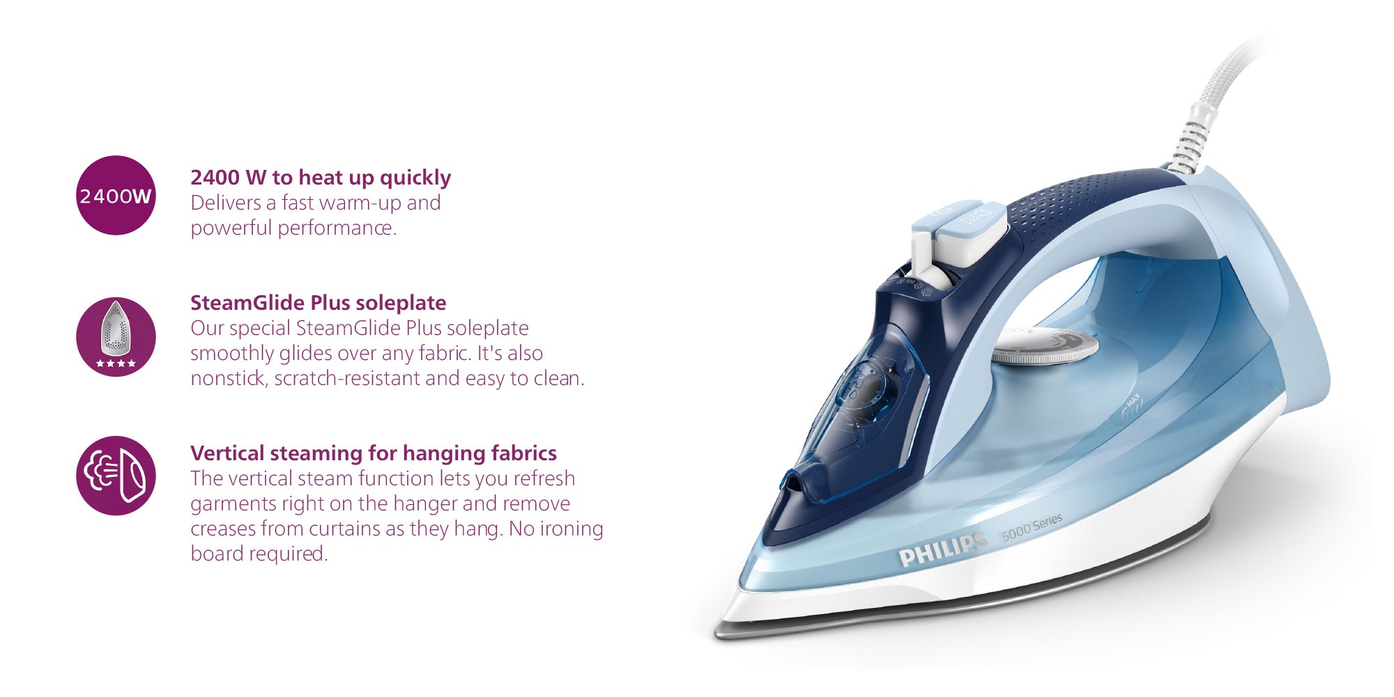 5000 Series Steam Iron - 180g Steam Boost, SteamGlide Plus 320 ml 2400 W DST5020/26 Blue/White