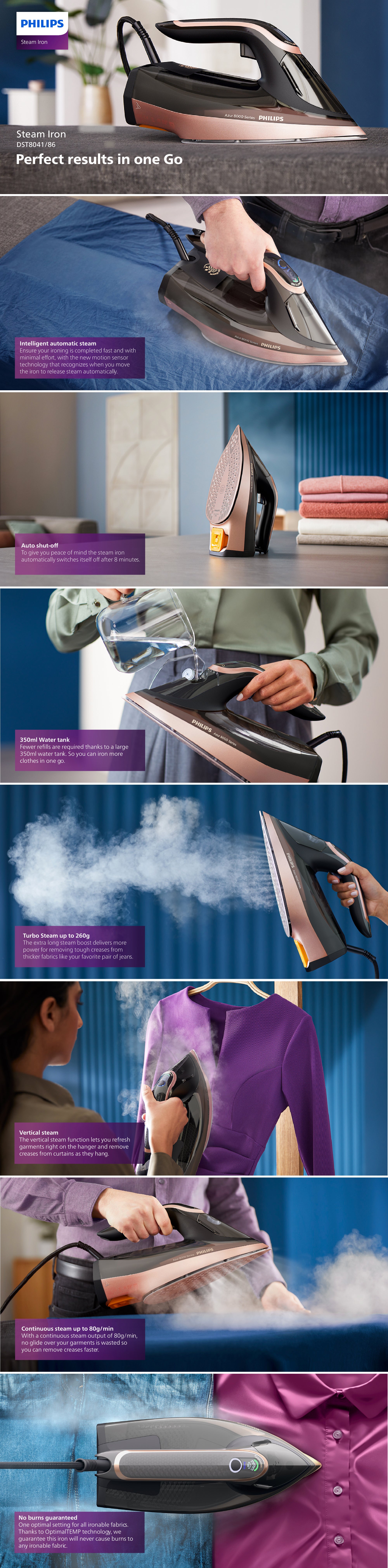 Steam Iron Series 8000 - 80g/min Continuous Steam, 350 ml 3000 W DST8041/86 Gold/Black