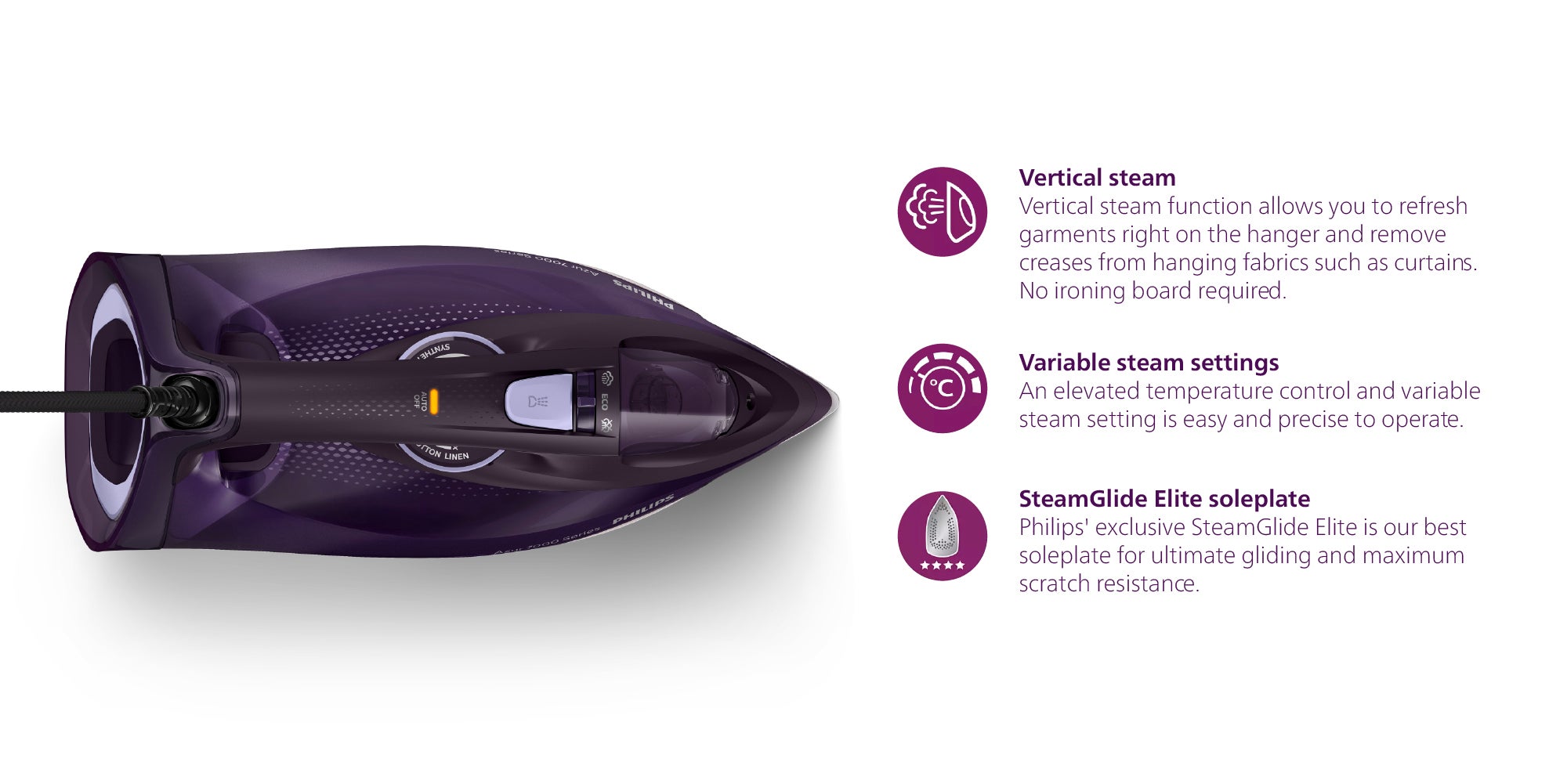 Steam Iron 7000 Series - 50g/min Continuous Steam, 250g Steam Boost, SteamGlide Elite Soleplate, Auto-Off, Vertical Steam, 300 ml 2800 W DST7051 Dark Purpe