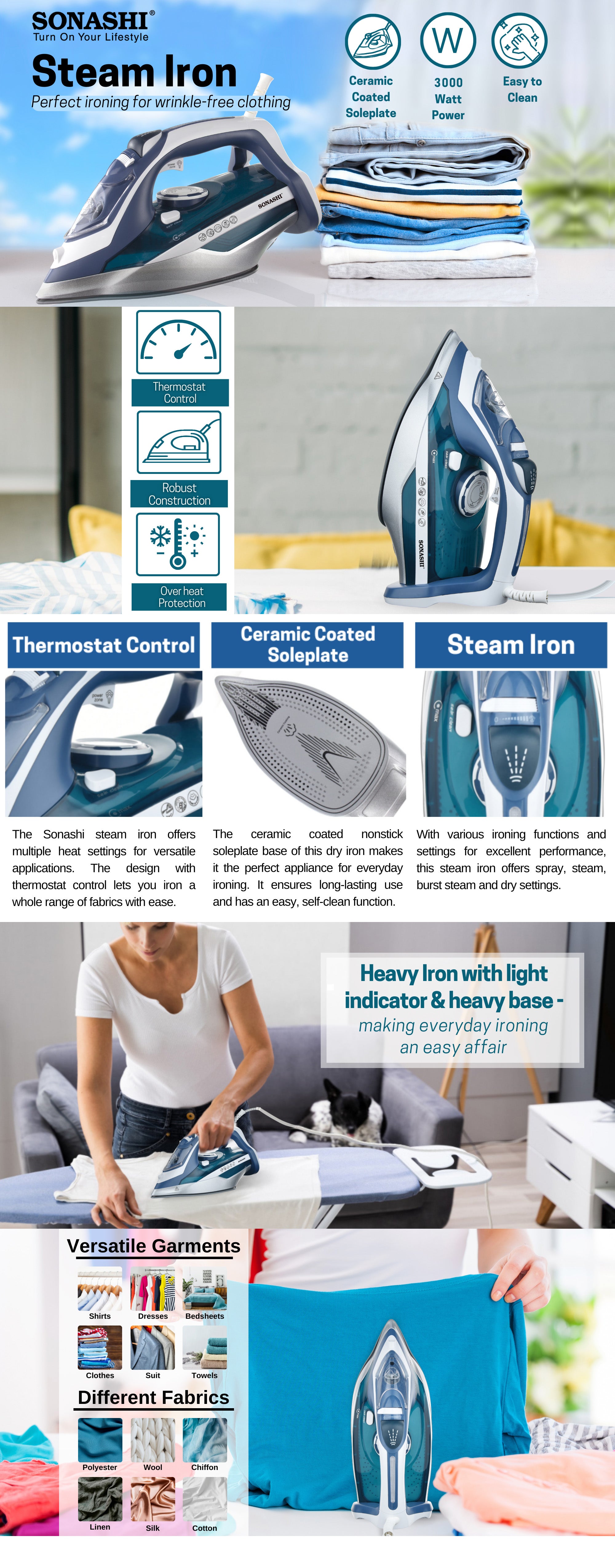 Multifunctional Steam Iron For Crisp Clothes - Ceramic Coated Soleplate | Steam/Burst Steam/Spray/Dry Function With Overheat Protection & Self-Cleaning Feature 450 ml 3000 W SI-5082C Blue/Silver