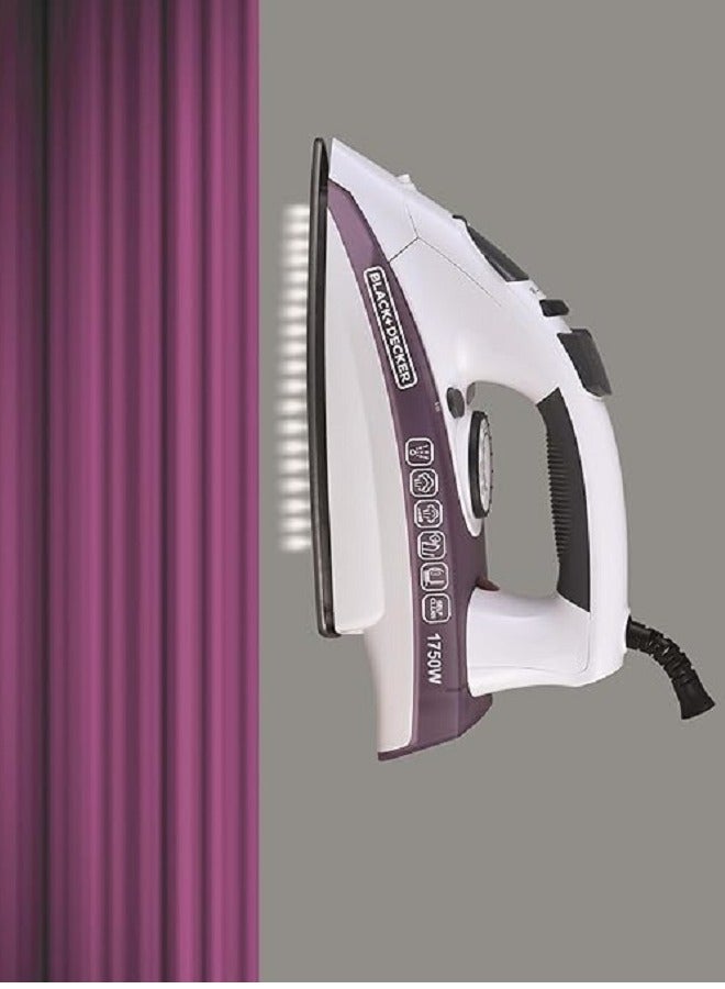 Steam Iron - Ceramic Coated Soleplate With Anti Calc Drip Self Clean And Auto Shutoff - Removes Stubborn Creases Quickly Easily 250 ml 1750 W X1750 White/Purple