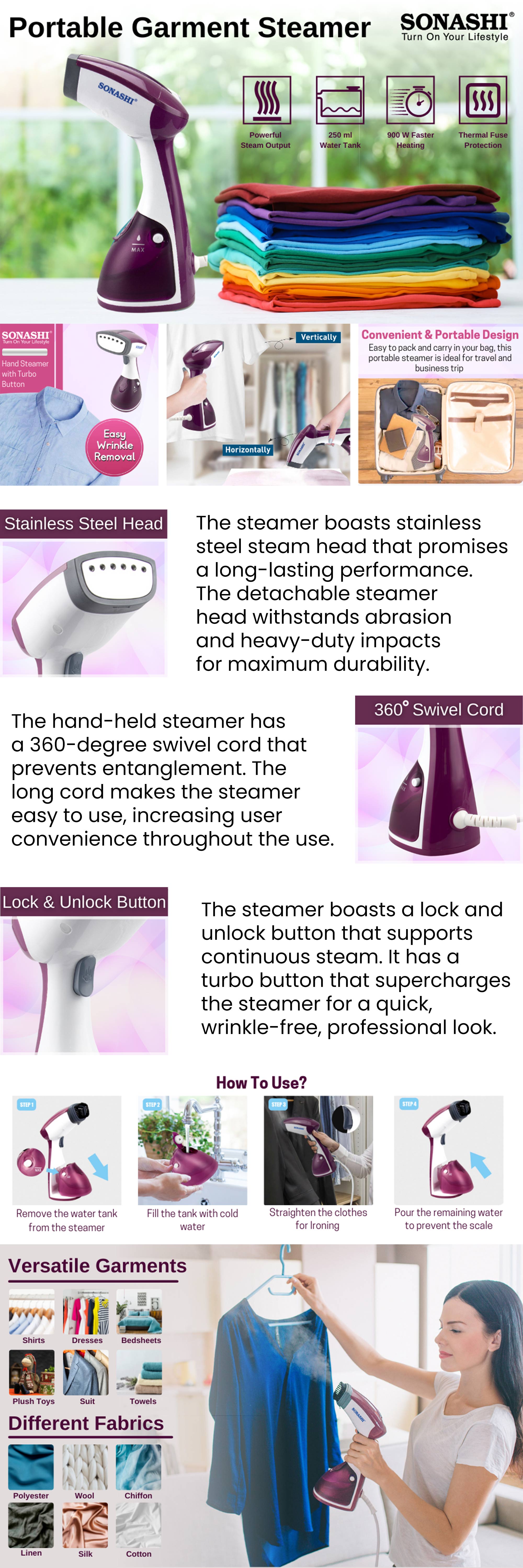 Garment Steam Iron with Water Tank Ultra Easy Wrinkle Remover Steamer Portable Travel-Friendly 16 Max Handheld 250 ml 1100 W SGS-315 Purple