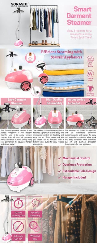 Garment Steamer - Suitable for All Fabrics | Automatic Re-Start and Double Safety System | Big Water Tank 1.3L with Overheat Protection | Continuous Working 40 MINs 1.3 L 1700 W SGS-321 Pink