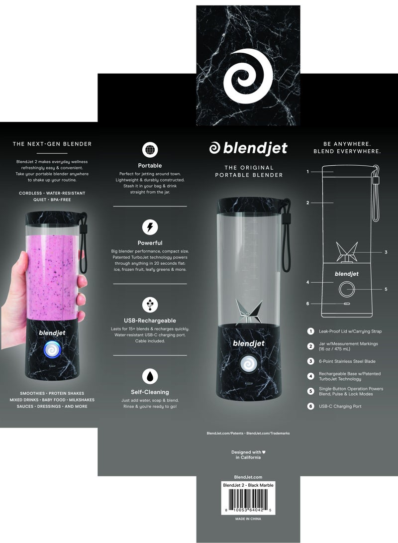 V2 Portable Blender Smoothie Maker, Personal Blender, Fruit Blender, Leak Proof Juicer, BPA-Free 475ml 200W Sports Bottle, USB-C Rechargeable, Ice Crusher with Stainless Steel Blades - Black Marble