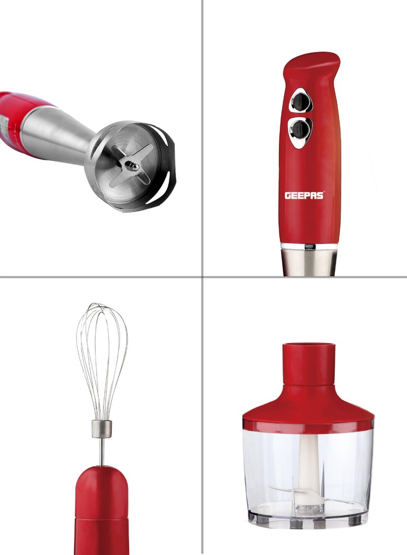 Hand Blender - Stainless Steel Blades with 2 Speed for Baby Food, Soup, Juice | 860ml Chopper Bowl & Electric Egg Whisk - 2 Years Warranty GHB6136 Red/Silver/Clear