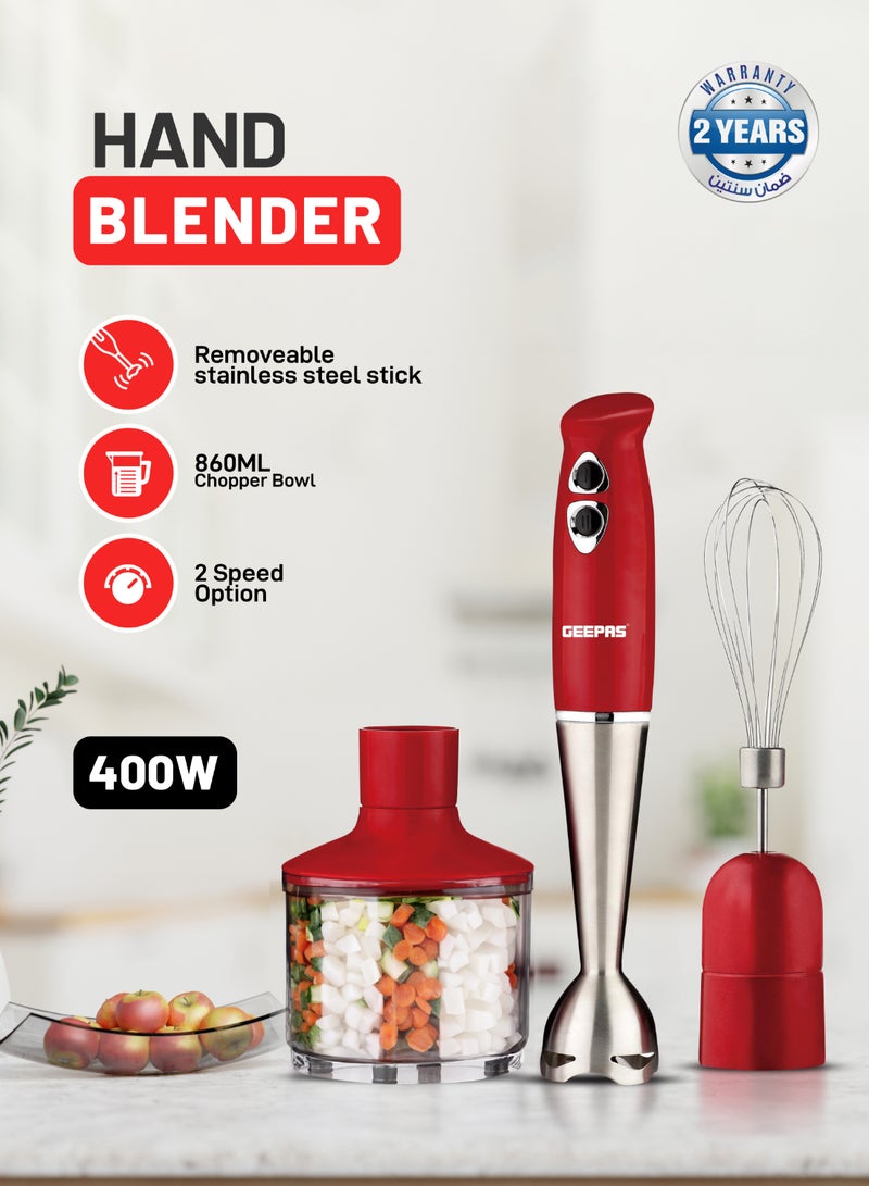 Hand Blender - Stainless Steel Blades with 2 Speed for Baby Food, Soup, Juice | 860ml Chopper Bowl & Electric Egg Whisk - 2 Years Warranty GHB6136 Red/Silver/Clear